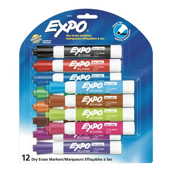 Expo Low Odor Dry Erase Markers, Chisel Tip, Assorted Colors, 12 Count
