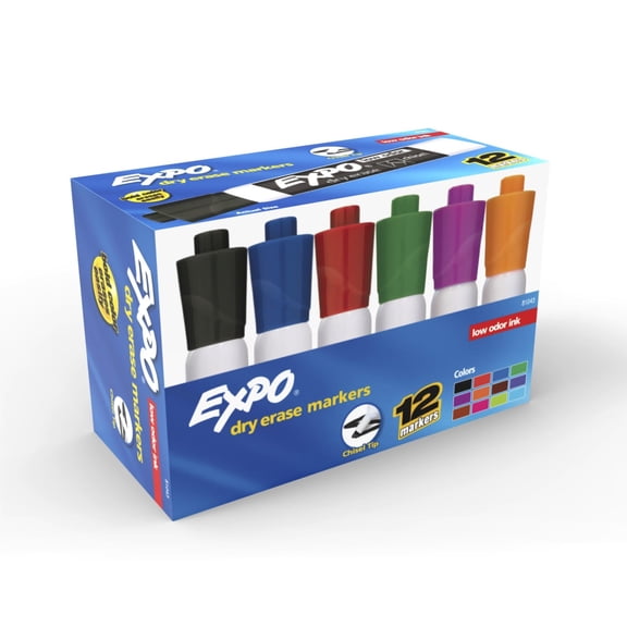 Expo Low Odor Dry Erase Markers, Chisel Tip, Assorted Colors, 12 Count