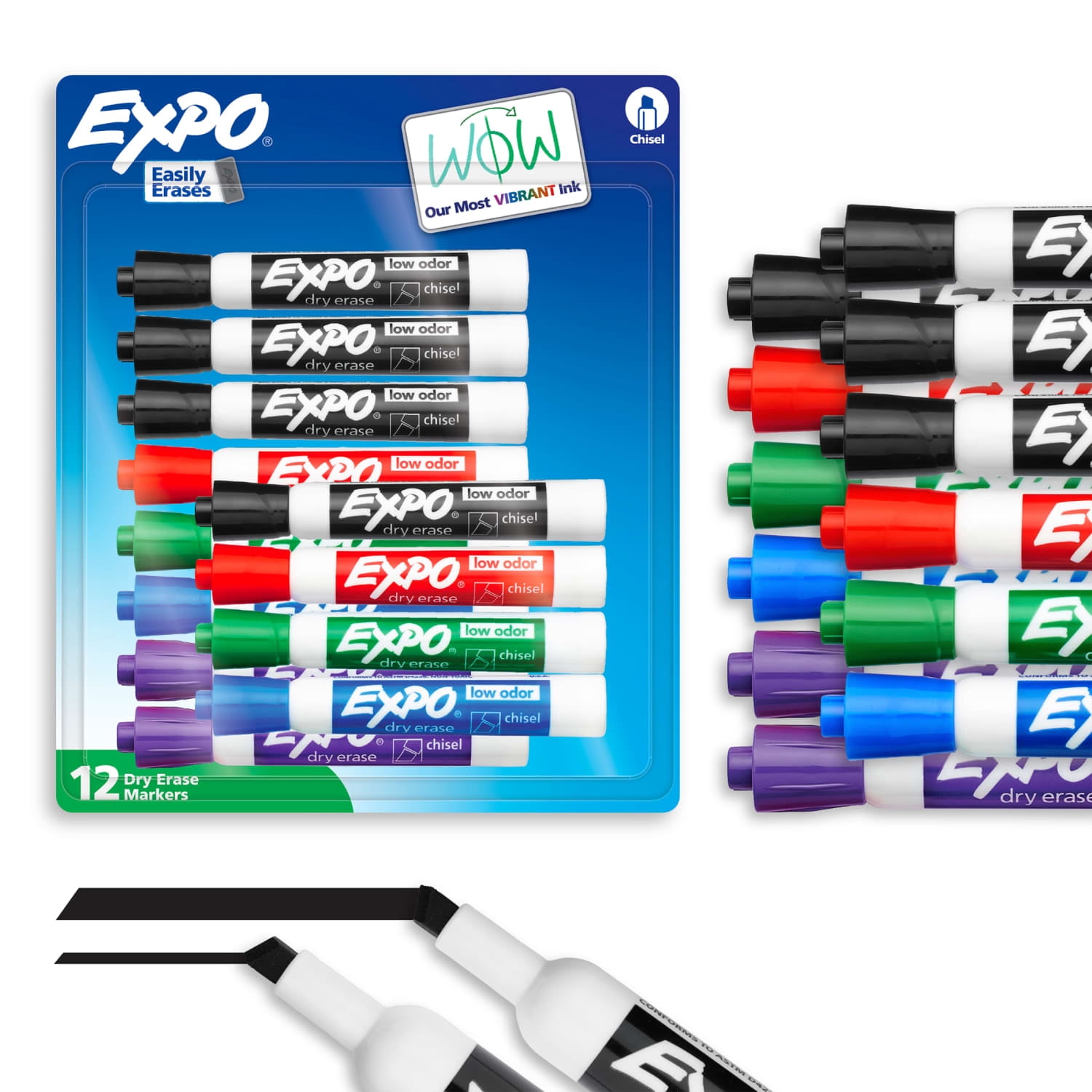 EXPO Low Odor Dry Erase Markers, Chisel Tip, Assorted Colors, 12