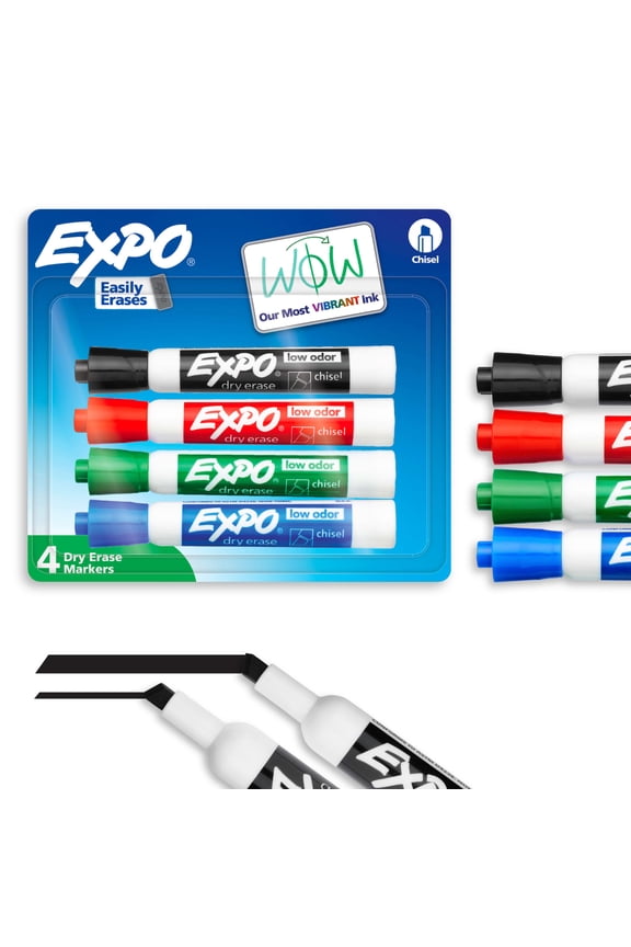 Dry Erase Markers, Chisel Tip, Assorted Colors, 4 Count