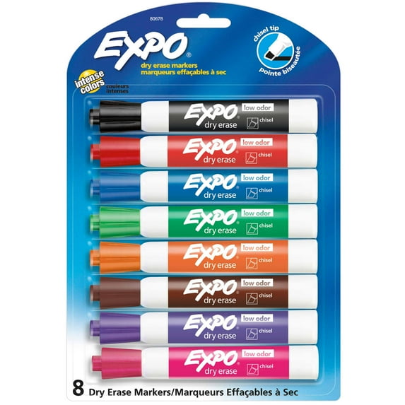Expo Low Odor Dry Erase Markers, Chisel Tip, Assorted Colors, 8 Pack