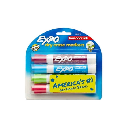 Expo Low Odor Dry Erase Markers, Chisel Tip, Assorted Intense Colors, 4 Pack