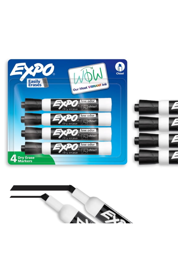 Dry Erase Markers, Chisel Tip, Black, 4 Count