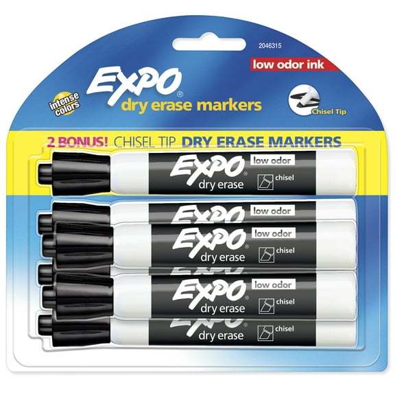 Expo Low Odor Dry Erase Markers, Chisel Tip, Black, Includes 2 Bonus Markers, 6 Count