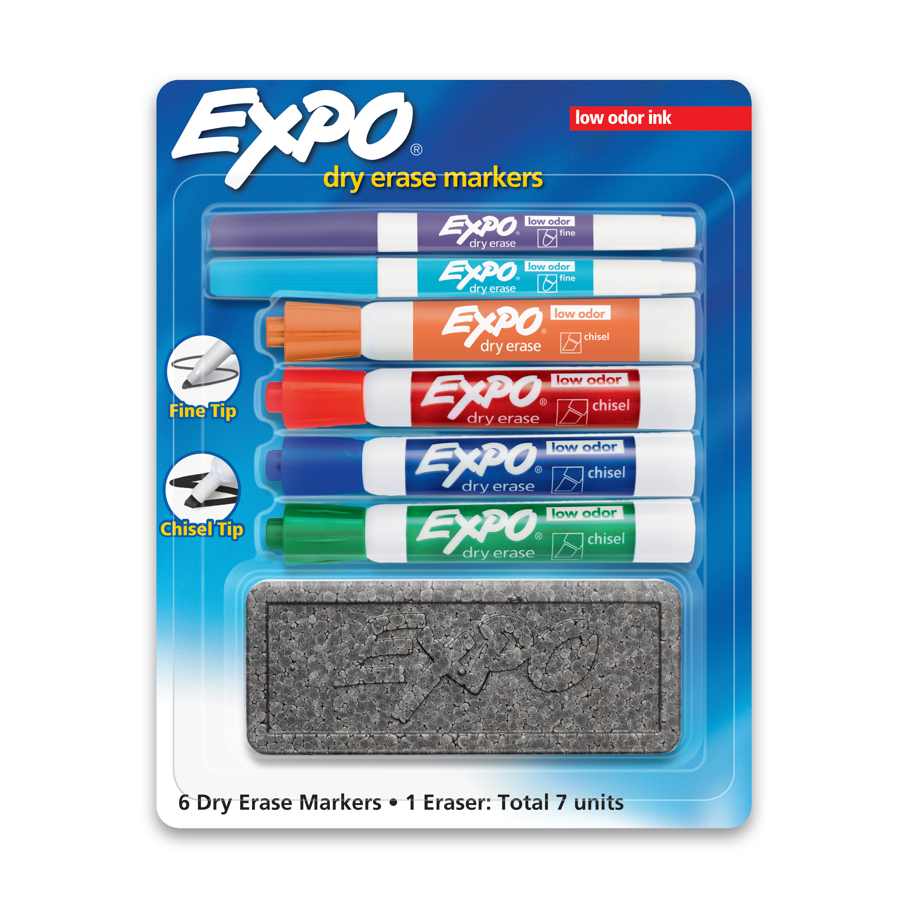 Expo Low Odor Dry Erase Markers, Chisel and Fine Tip, Assorted Colors, Eraser, 7 Piece Set - image 1 of 8