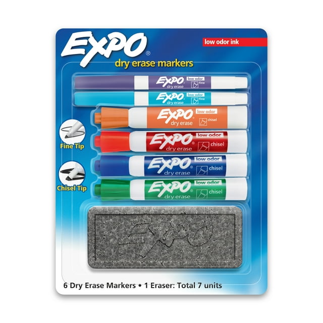 Expo Low Odor Dry Erase Markers, Chisel and Fine Tip, Assorted Colors, Eraser, 7 Piece Set