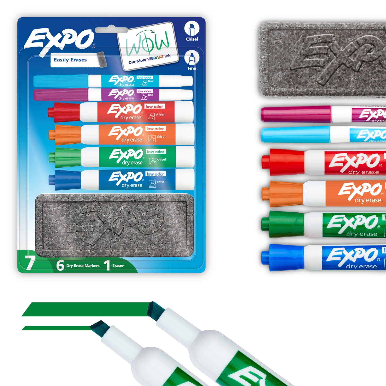 EXPO Low Odor Dry Erase Markers, Chisel and Fine Tip, Assorted Colors, Eraser, 7 Piece Set