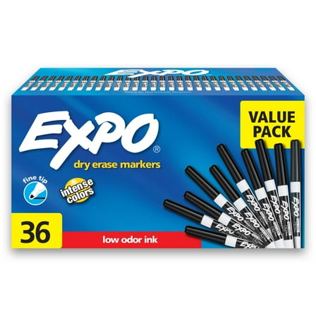 Expo Low Odor Dry Erase Markers, Fine Tip, Black, 36 Count