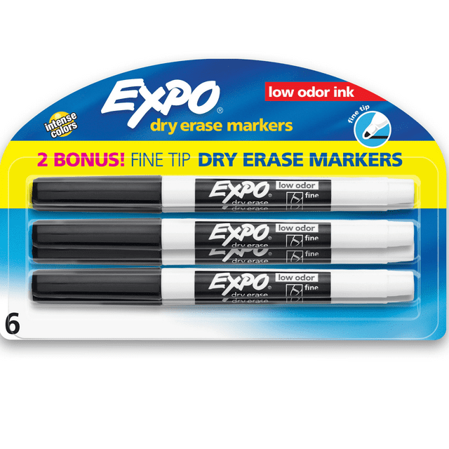 Expo Low Odor Dry Erase Markers, Fine Tip, Black, Includes 2 Bonus