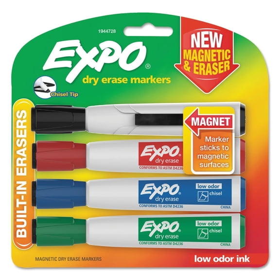 Expo Magnetic Dry Erase Marker, Broad Chisel Tip, Assorted Colors, 4-Pack