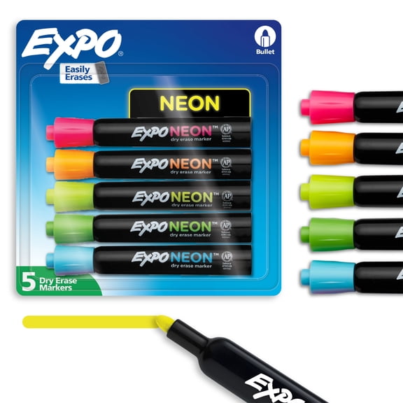 Expo Neon Dry Erase Markers, Bullet Tip, Assorted Colors, 5 Pack