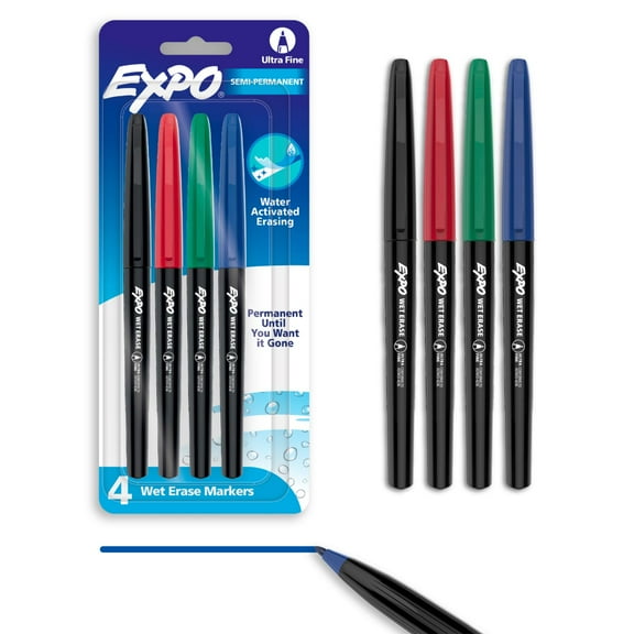 EXPO Wet Erase Markers, Assorted, Fine Tip, 4 Count
