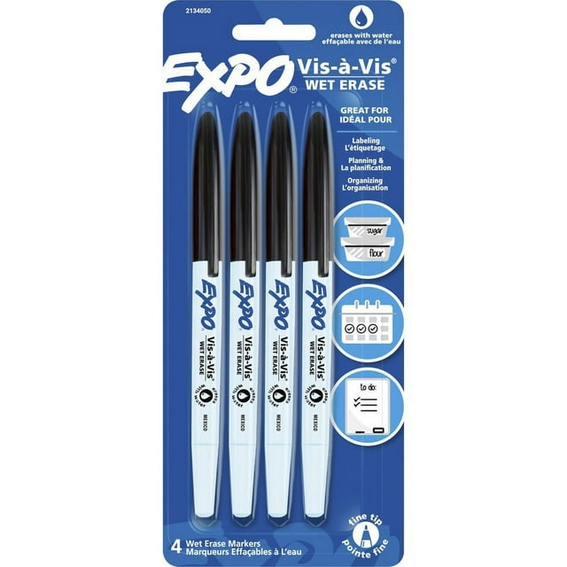 Expo Vis-A-Vis Wet-Erase Markers - Fine Marker Point - Black - 4 / Pack | Bundle of 2 Packs
