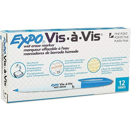 Expo® Vis-A-Vis Wet-Erase Overhead Transparency Markers, Fine Tip, Blue, 12-Count