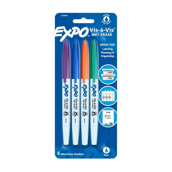 Expo Vis-a-Vis Wet Erase Markers, Fine Point, Assorted Colors, 4 Count