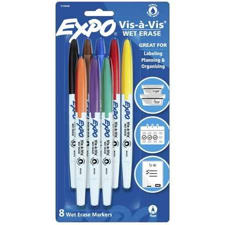 Expo Vis-a-Vis Wet Erase Marker Set, Fine Tip, Assorted Colors, 8 Count