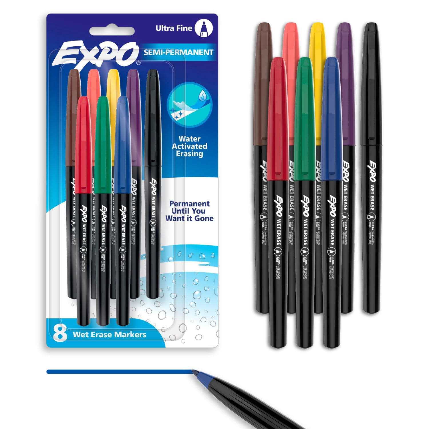 EXPO Wet Erase Markers, Assorted Colors, Ultra Fine Tip, 8 C