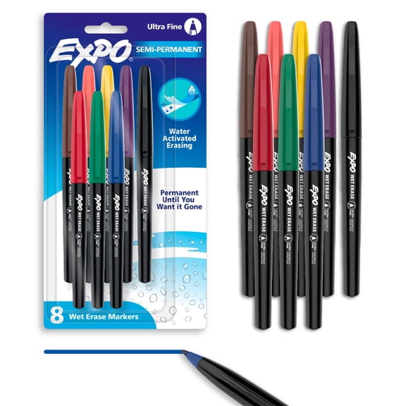 EXPO Wet Erase Markers, Assorted Colors, Ultra Fine Tip, 8 Count