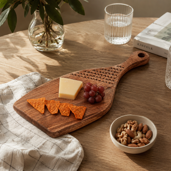Expobazaar Acacia Wood Cutting Board with Handle, Handcrafted Wooden Chopping Board, Natural Finish Serving Board for Bread, Cheese, Fruits & Charcuterie, Decorative Paddle Board, 7 x 0.75 x 16.5"