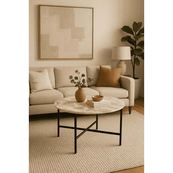 Expobazaar Coffee Table | Brown Marble Top with Metal Frame | 17" Height | Modern Living Room Table