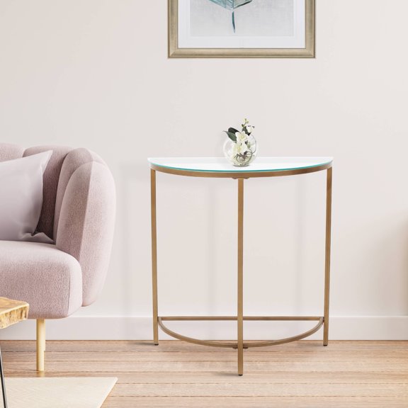 Expobazaar D - Shaped Console Table with Glass Top and Golden Base
