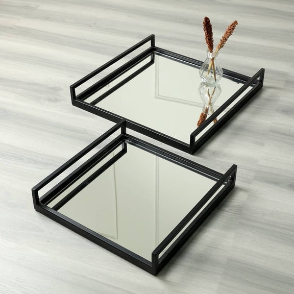 Expobazaar Glass Tray | Decorative Glass Square Tray | Set Of 2 | Graceful Serving Tray with Handle for Serving Tea or Coffee| 20"x20"x3"