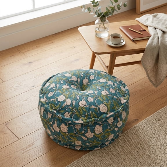 Expobazaar Indigo Printed Floral Pouf Ottoman, 22x22x8" Round Boho Handcrafted Pouffe Seating for Living Room, Bedroom, Lounge & Home Decor