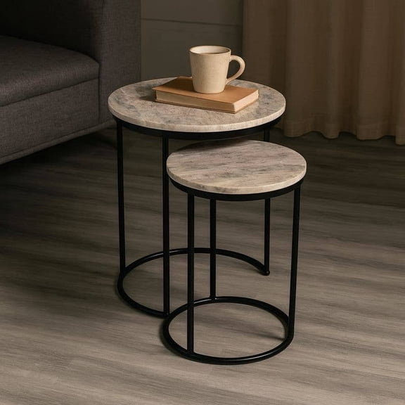 Expobazaar Marble Nesting Table with Grey Metal Frame for Living Room Dcor