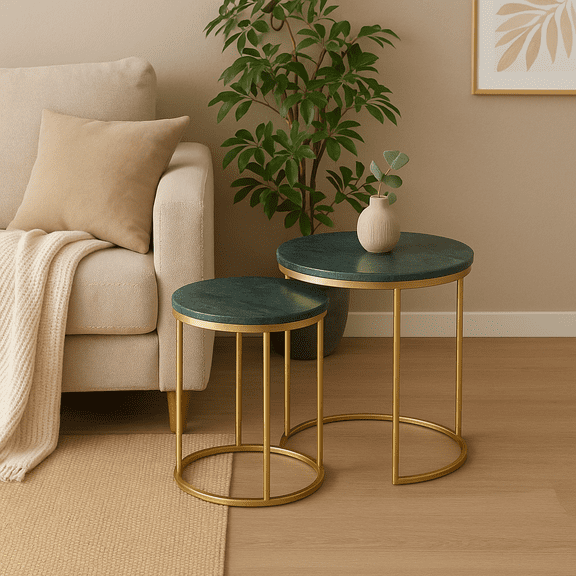Expobazaar Nesting Tables | Green Marble Nesting Table Set of 2 with Golden Metal Frame