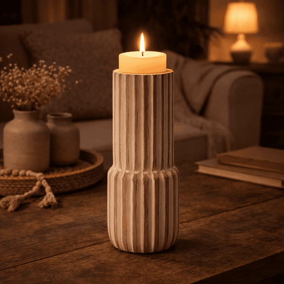Expobazaar Wooden Candle Holder | Decorative Mango Wood Pillar Candle Stand | 4x8"