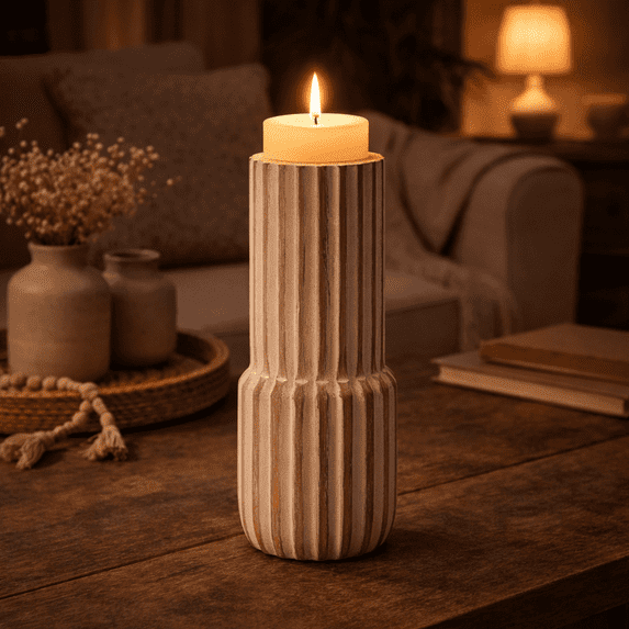 Expobazaar Wooden Candle Holder | Decorative Mango Wood Pillar Candle Stand | 4x8"