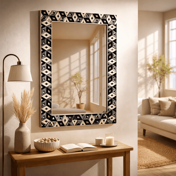 Expobazaar Wall Mirror | Diamond Pattern Bone Inlaid Mirror | 24"X36"