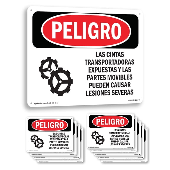 Exposed Conveyors And Moving Parts Spanish OSHA Danger Aluminum Sign 18 Inch x 12 Inch - 10 Pack