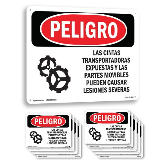 Exposed Conveyors And Moving Parts Spanish OSHA Danger Rigid Plastic Sign 14 Inch x 10 Inch - 10 Pack