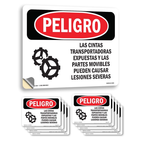 Exposed Conveyors And Moving Parts Spanish OSHA Danger Vinyl Decal Label 5 Inch x 3.5 Inch - 10 Pack