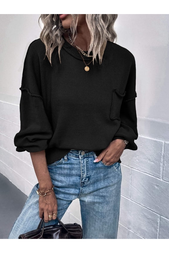 Exposed Seam Lantern Sleeve Ribbed Trim Sweater