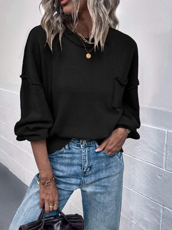 Exposed Seam Lantern Sleeve Ribbed Trim Sweater