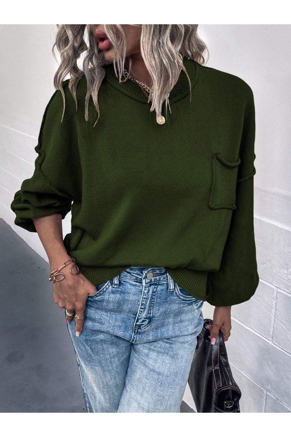 Exposed Seam Lantern Sleeve Ribbed Trim Sweater