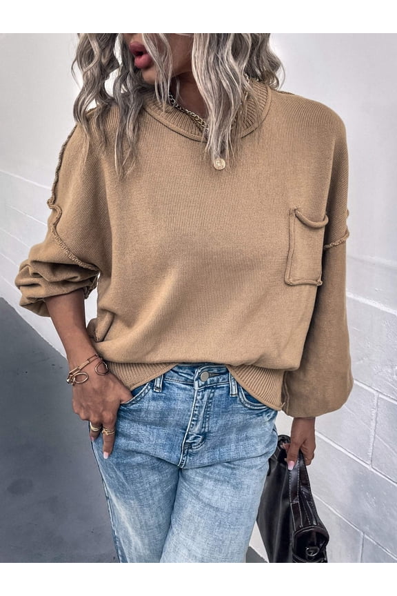 Exposed Seam Lantern Sleeve Ribbed Trim Sweater