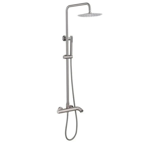 Exposed Shower System with Rainfall Head Handheld Spray and Tub Spout, Height Adjustable Solid Brass 3-Functions Wall Mounted Outdoor Complete Shower System, Brushed Nickel