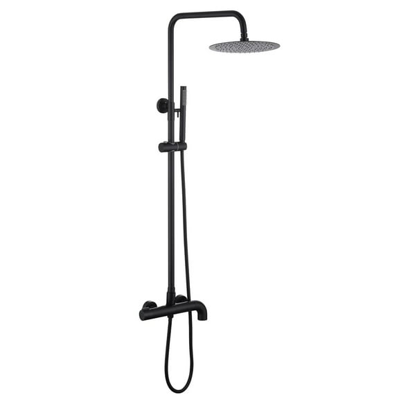 Exposed Shower System with Rainfall Head Handheld Spray and Tub Spout, Height Adjustable Solid Brass 3-Functions Wall Mounted Outdoor  Complete Shower System, Matte Black