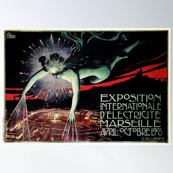Exposition Internationale D' Electricite Marseille 1908 Vintage French Event Advertising Poster Poster Wall Art, Modern Wall Decor For Living Room Bedroom, 24x36 UNFRAMED
