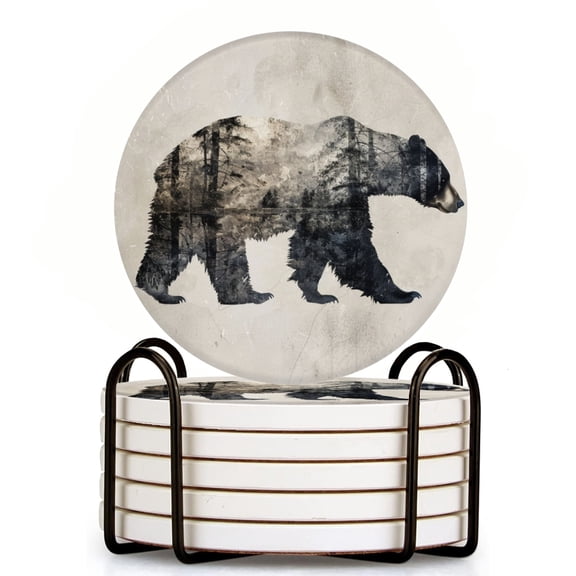 Exposure Bear With Silhouette Background Set of 6 Ceramic Coasters with Holder, Absorbent Drink Bar Coasters, Table Coasters for Living Room Decor Tabletop Protection