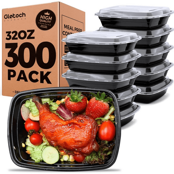 Express 32oz 1-Compartment Black Square Food Containers with Lids, Durable BPA-Free Plastic Meal Prep Boxes, Microwave/Freezer/Dishwasher Safe, 300 Pack