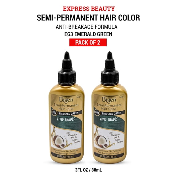 Express Beauty Hair Color Bigen Designer Series Vivid Shades Semi-Permanent Hair Color with Oil Rich, Moisturizing and Anti-Breakage Formula (EG3 Emerald Green) - 3 fl oz (2 Pack)