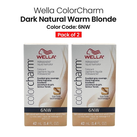 Express Beauty Permanent Hair Color Wella ColorCharm Permanent Liquid Hair Color Toner (6NW Dark Natural Warm Blonde) - 1.4 oz (2 Pack)