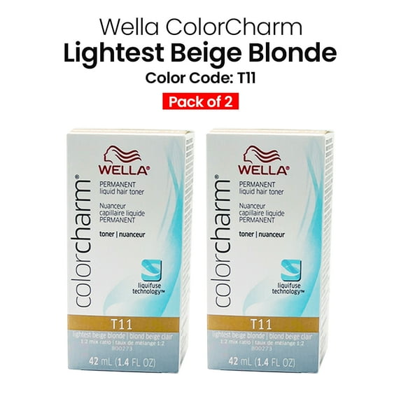 Express Beauty Permanent Hair Color Wella ColorCharm Permanent Liquid Hair Color Toner (T11 Lightest Beige Blonde) - 1.4 oz (2 Pack)