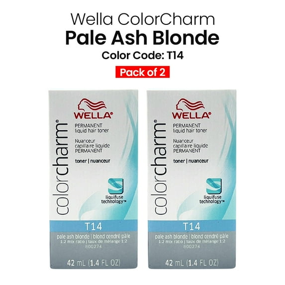 Express Beauty Permanent Hair Color Wella ColorCharm Permanent Liquid Hair Color Toner (T14 Pale Ash Blonde) - 1.4 oz (2 Pack)