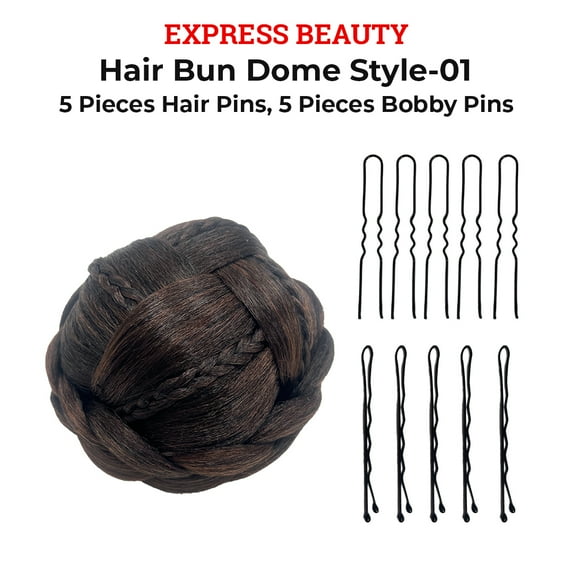Express Beauty Synthetic Chignon Hair Piece Updo Braided Hair Bun Dome Wig Clip In Hair Buns Extensions for Women with 10pcs Hair Buddy Pins - (Hair Bun Dome Style 1) (1 Natural Black)