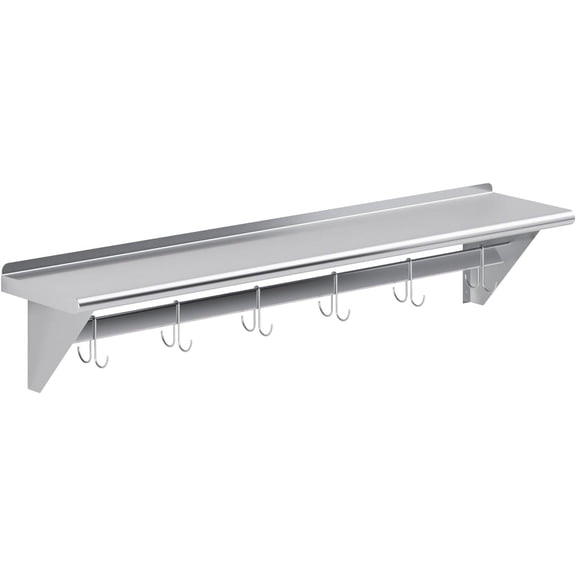 Express Kitchquip 12" x 60" NSF Certified Stainless Steel Wall Mounted Pot Rack with Shelf - Commercial Kitchen Storage & Hanging Organizer